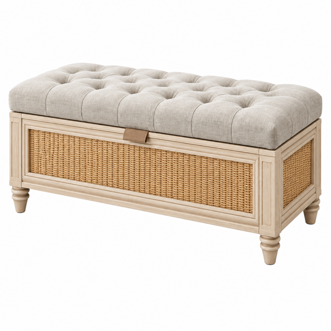 Sitzbank mit Stauraum 120 x 45 x 50 cm aus Holz Rattan und Stoff in Beige Landhausstil