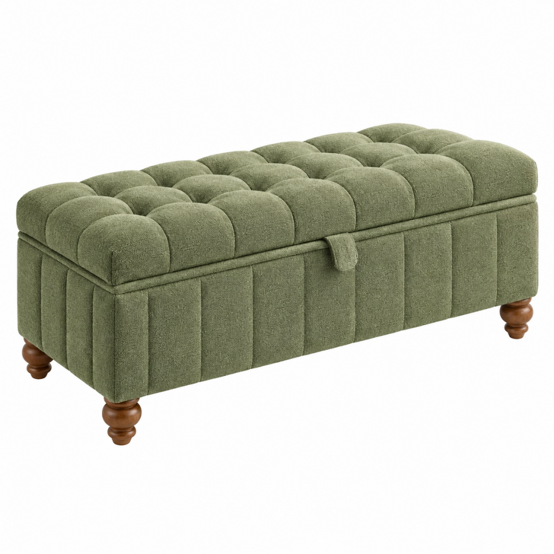 Sitzbank mit Stauraum 120 x 45 x 48 cm olivgrüner Textilbezug Holzfüße gepolstert