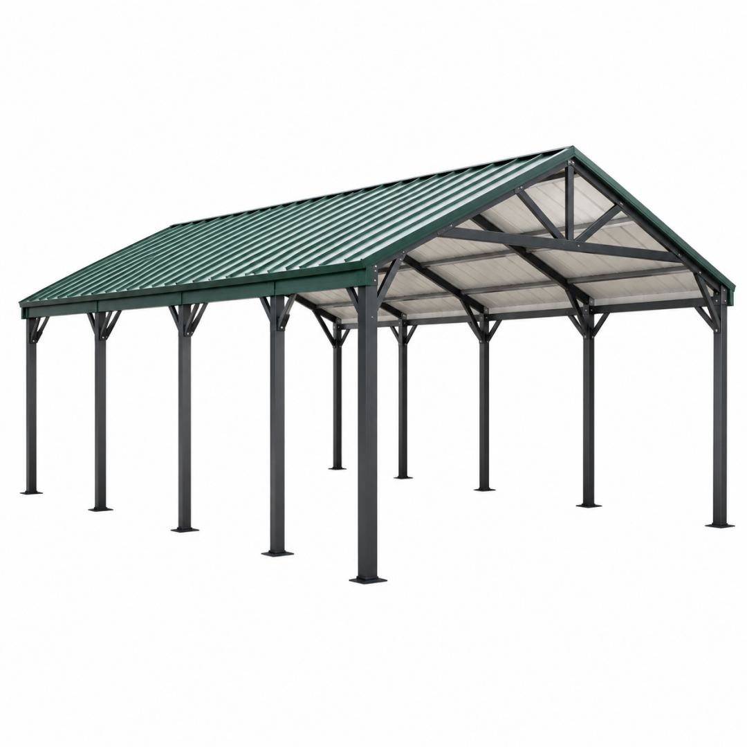 Carport 600 x 400 cm Stahl Dunkelgrün Anthrazit mit Satteldach