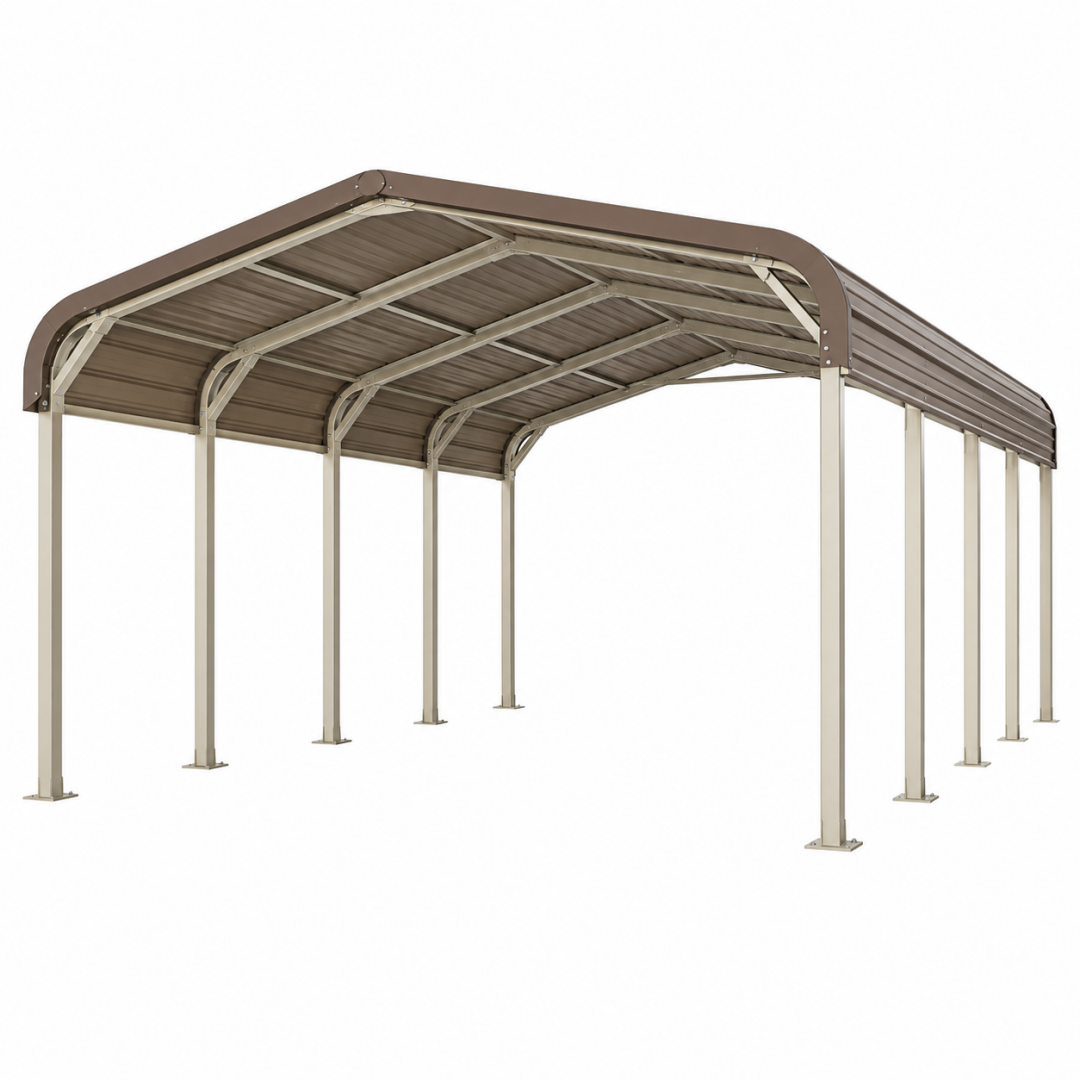 Carport 600 x 300 x 270 cm aus Stahl in Beige Braun mit gebogenem Metalldach