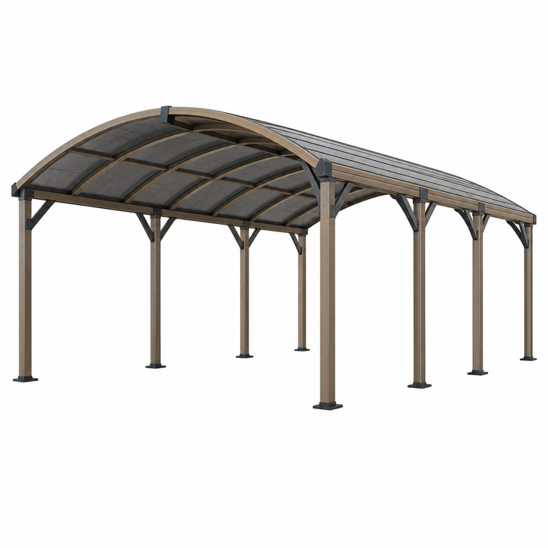 Carport 610 x 300 x 270 cm Metall Bronze mit gebogenem Polycarbonatdach