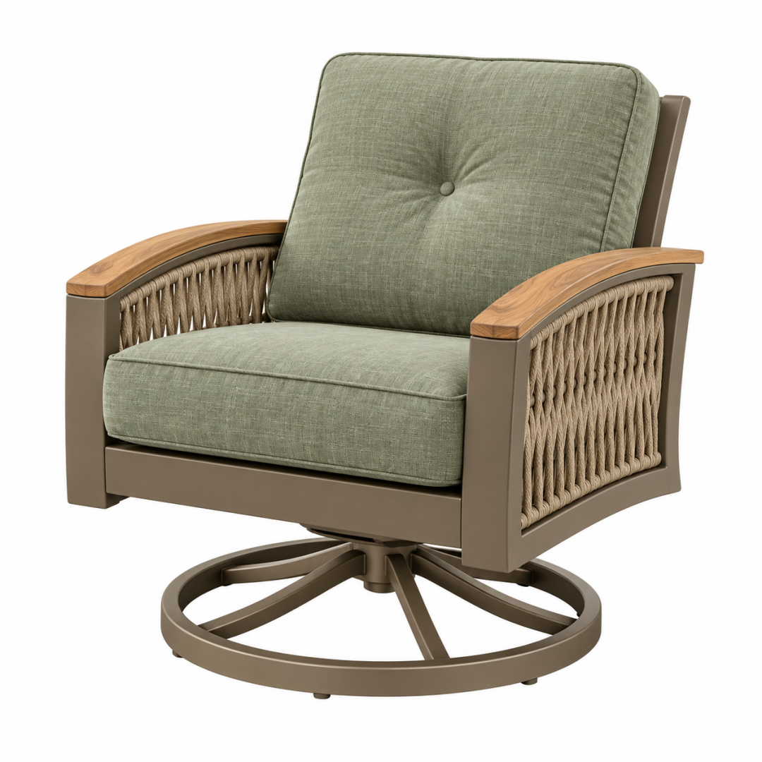 Drehbarer Outdoor-Sessel 82 x 85 x 95 cm aus Aluminium Holz und Seilgeflecht olivgrün moderner Gartensessel
