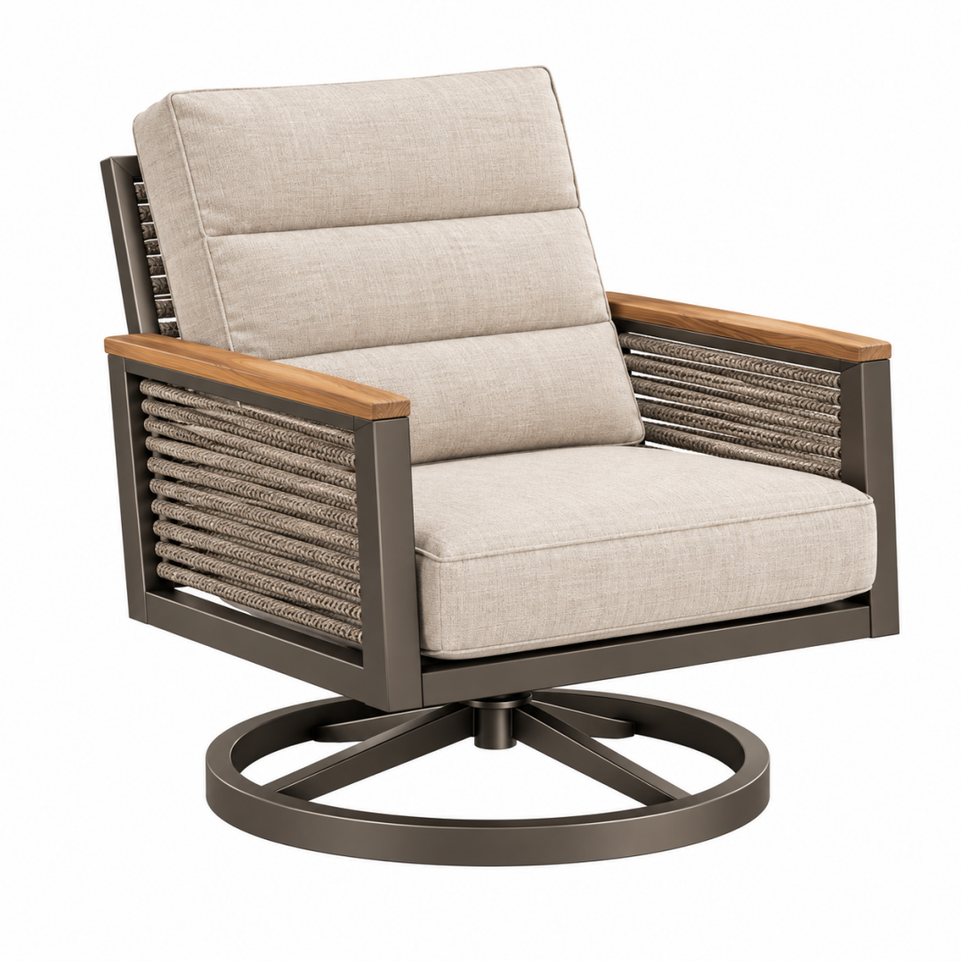Drehbarer Gartensessel 82 x 86 x 91 cm mit Metallgestell beigem Textilbezug und Holzarmlehnen