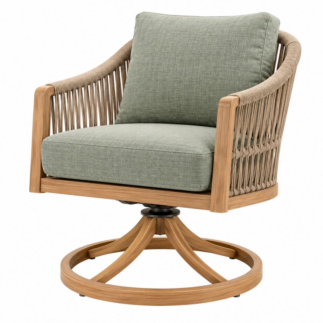 Drehbarer Loungesessel 82 x 78 x 88 cm aus Holz und Seilgeflecht in Natur/Grün