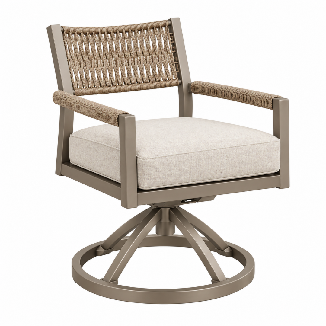 Gartendrehsessel 76 x 76 x 84 cm Metall Taupe mit Seilgeflecht und Sitzkissen
