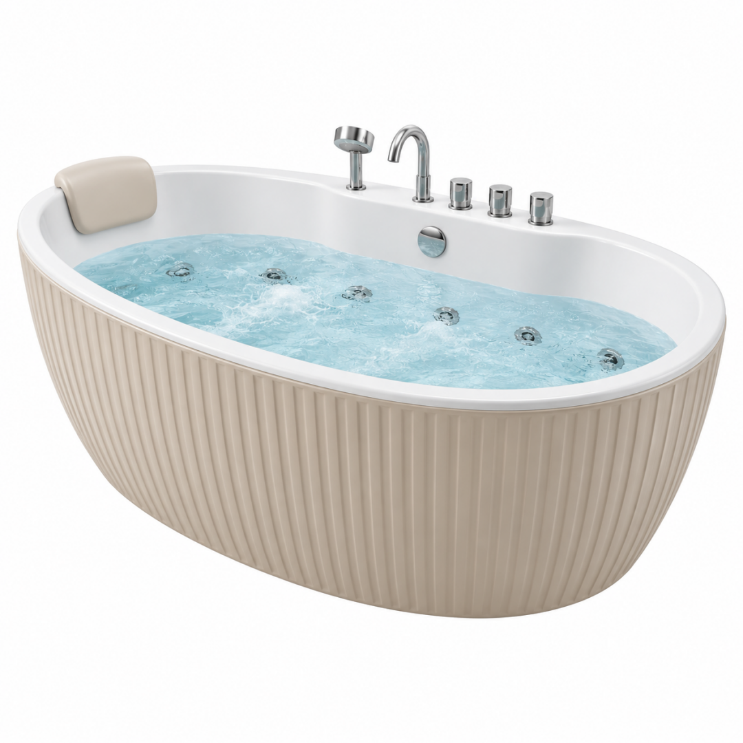 Freistehende Whirlpool Badewanne 180 x 90 x 60 cm aus Acryl in Weiß Beige mit Massagedüsen
