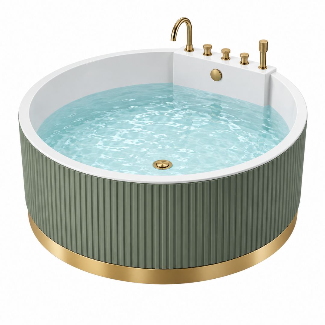 Freistehende Rundbadewanne 150 cm aus Acryl Grün Weiß Gold mit Armaturen im modernen Stil